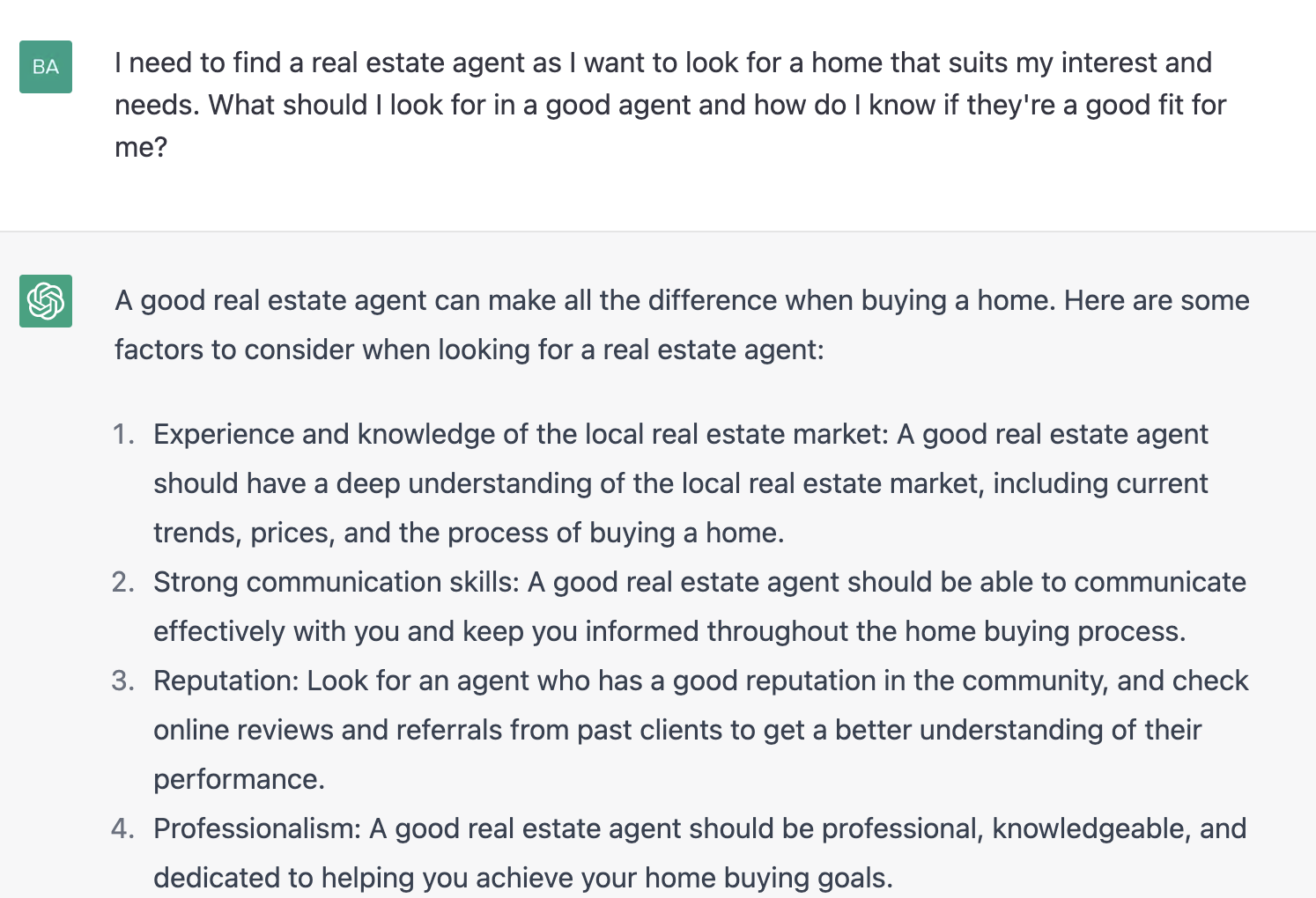 ChatGPT prompt about the factors to consider when looking for a real estate agent