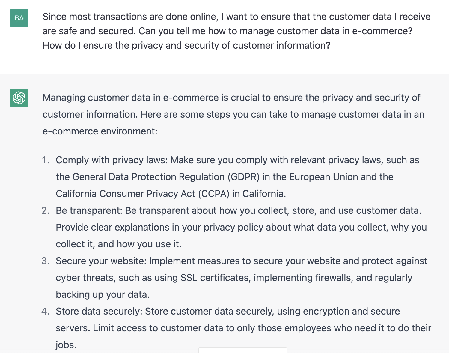 ChatGPT prompt about managing customer data in e-commerce