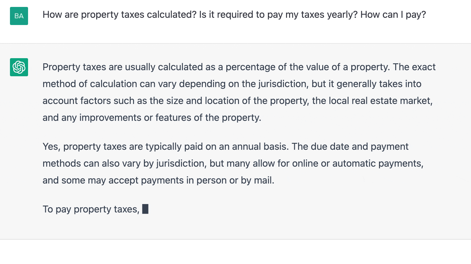 ChatGPT prompt about how are property taxes calculated