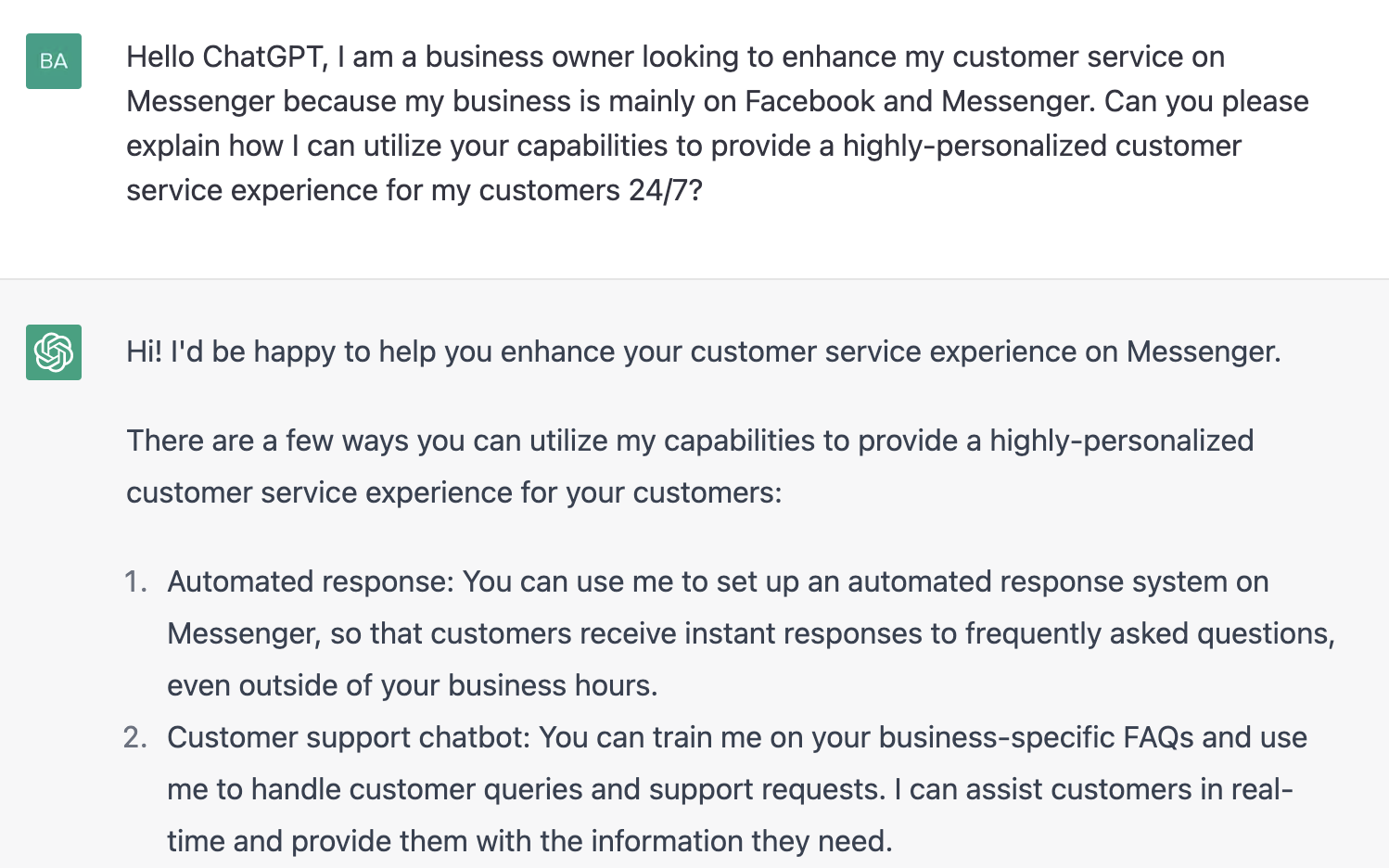 ChatGPT prompt about providing a highly personalized customer service