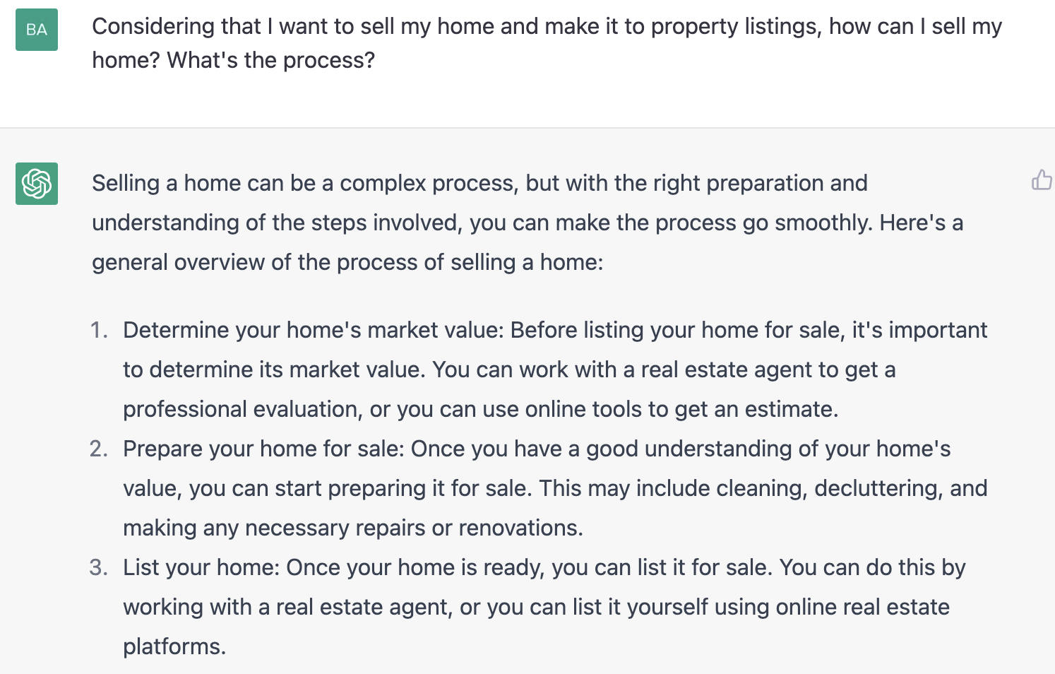 ChatGPT prompt about the process of selling a home