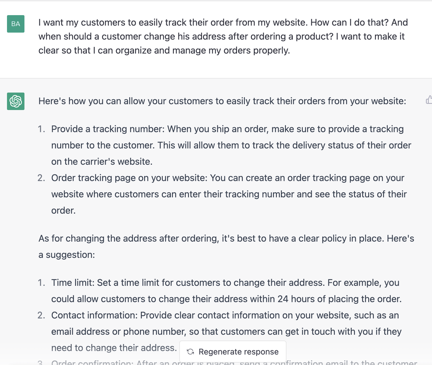 ChatGPT prompt about customers to easily track their order from a website