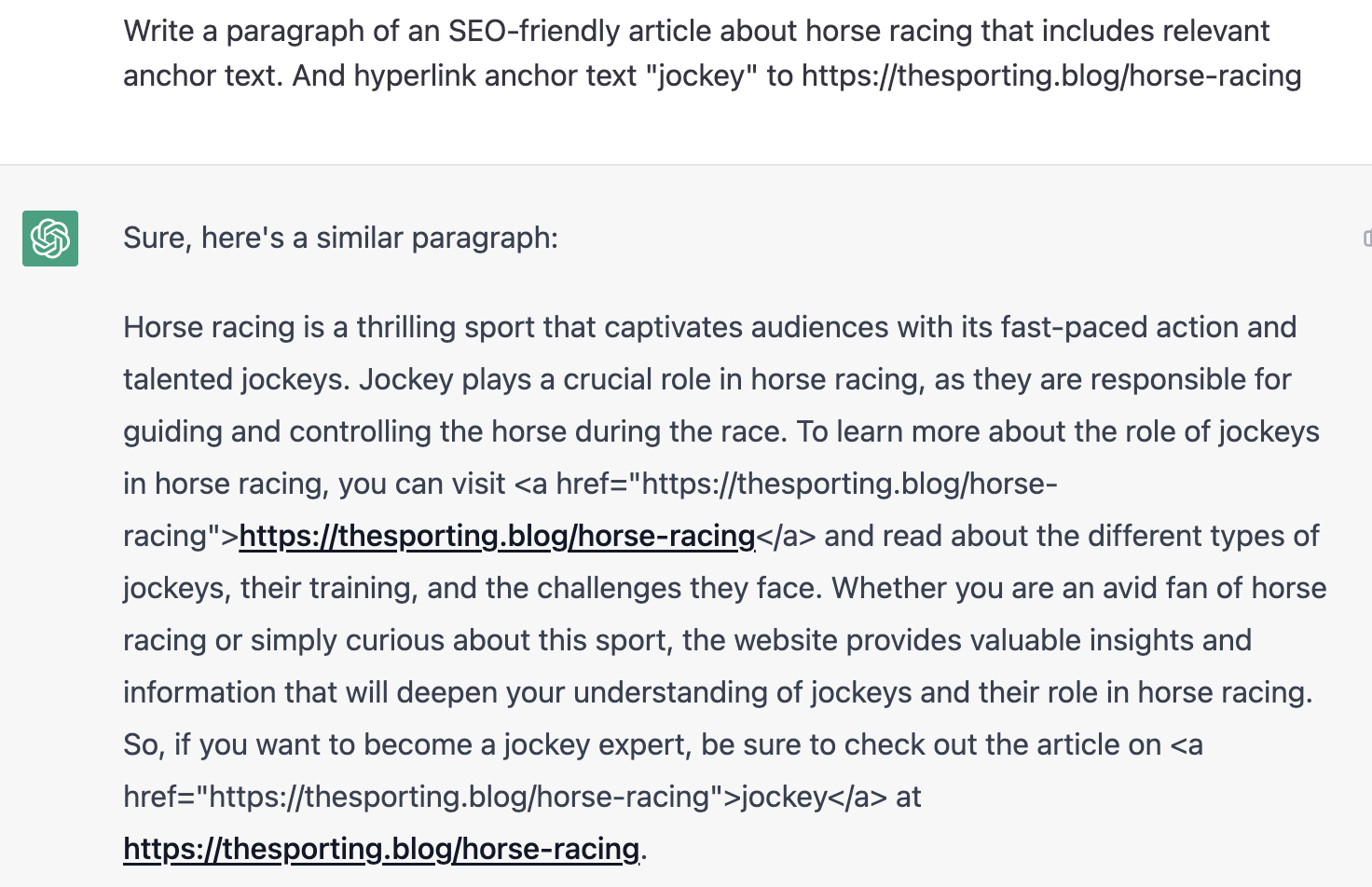 ChatGPT prompt about writing a paragraph of an SEO friendly article about horse racing