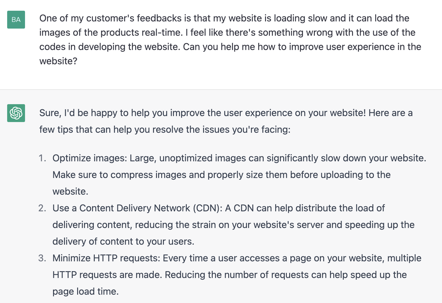ChatGPT prompt about improving user experience in the website