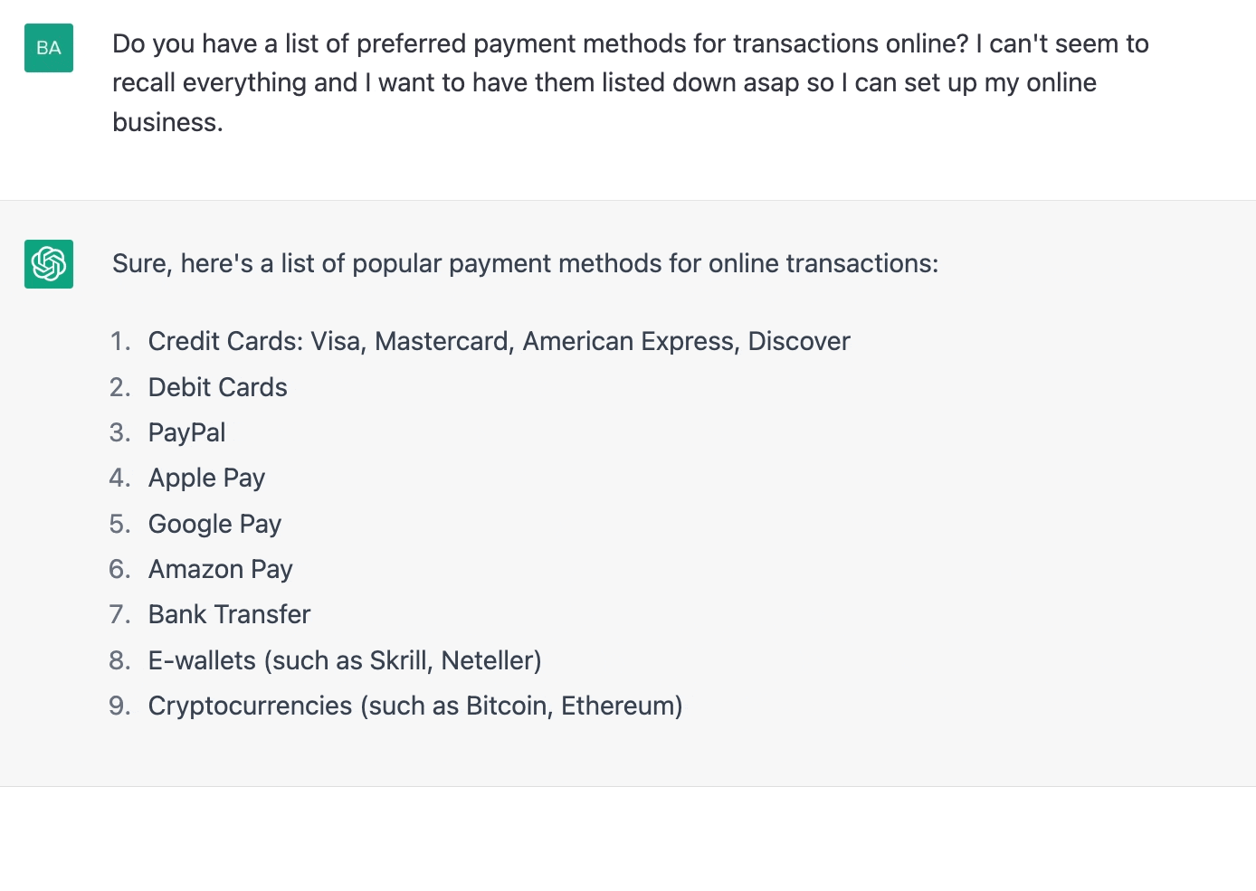 ChatGPT prompt about the list of popular payment methods for online transactions