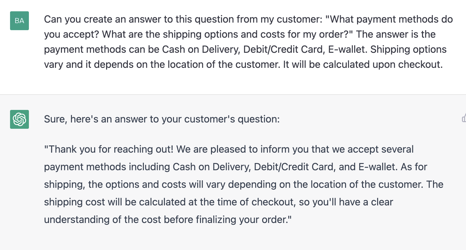 ChatGPT prompt about creating an answer to the question from a customer