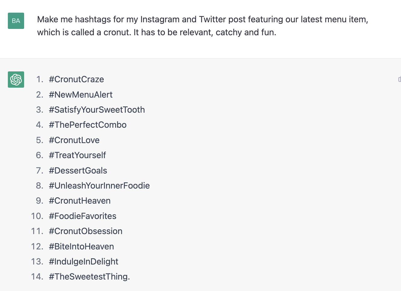 ChatGPT prompt about making hashtags for the post featuring a menu item