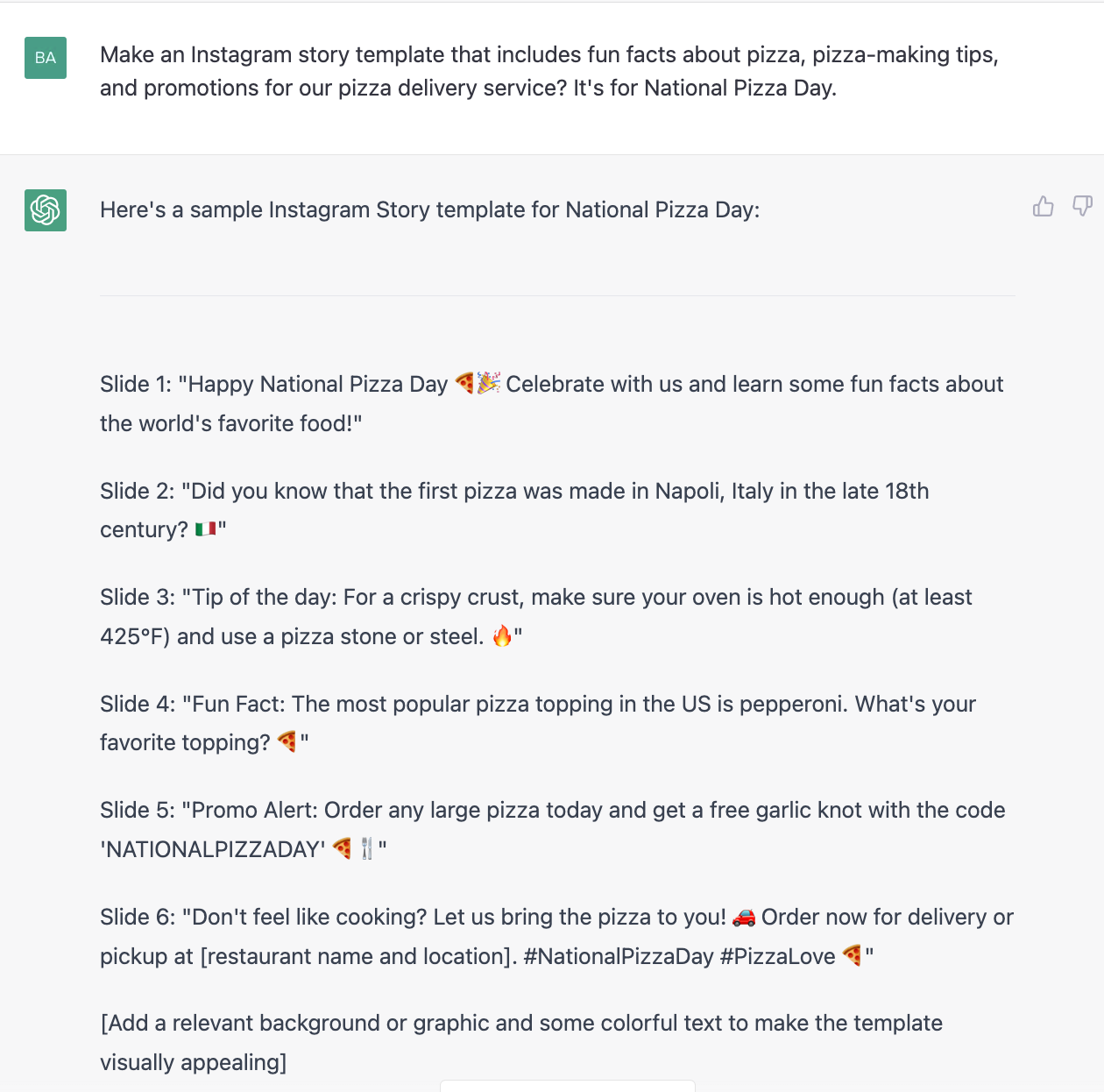 ChatGPT prompt about making an instagram story template for national pizza day