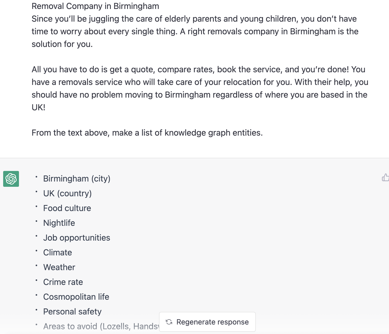 ChatGPT prompt about making a list of knowledge graph entities