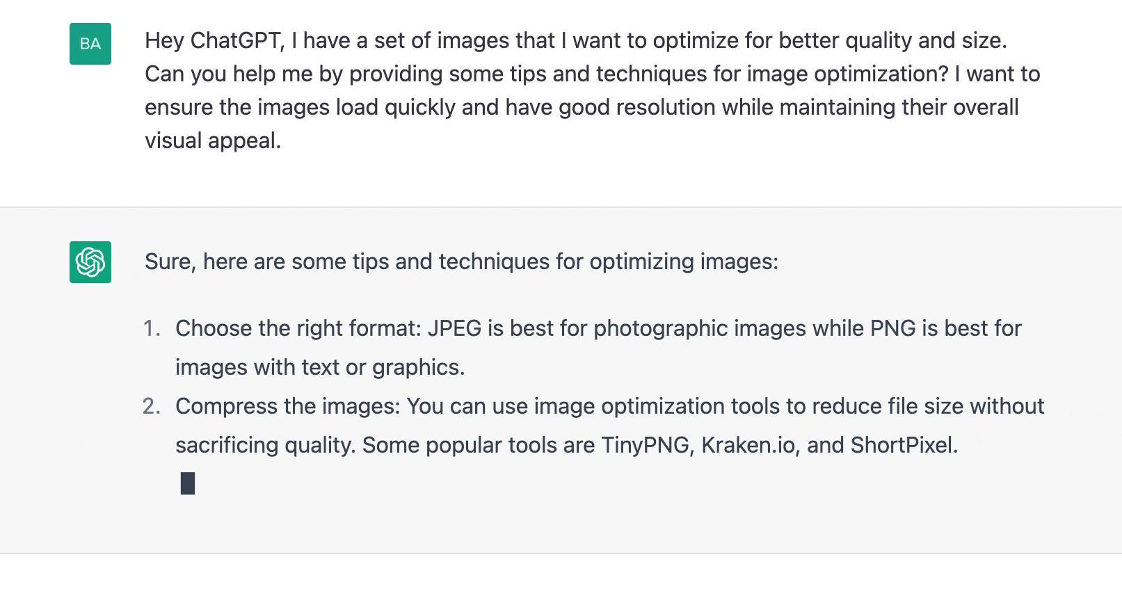 ChatGPT prompt about some tips and techniques for optimizing images