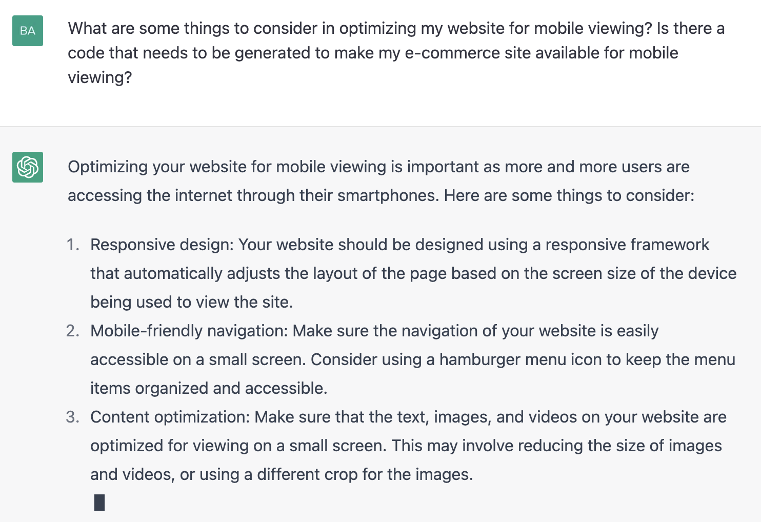 ChatGPT prompt about some things to consider in optimizing website for mobile viewing