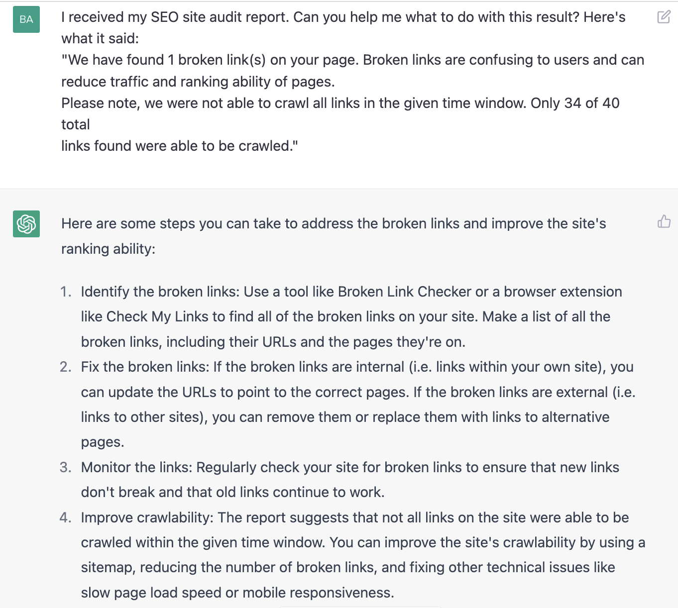 ChatGPT prompt about SEO site audit report