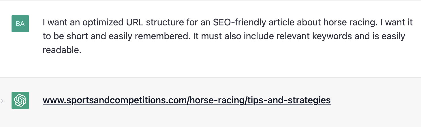 ChatGPT prompt about optimized URL structure for an SEO frendly article about horse racing