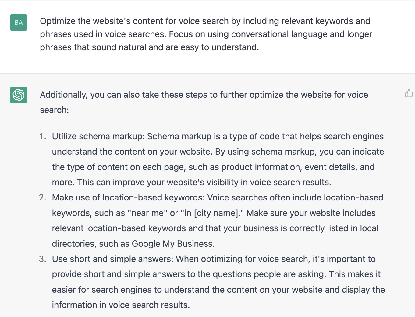 ChatGPT prompt about optimizing the website for voice search