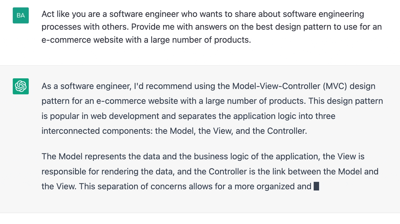 ChatGPT prompt about the best design pattern to use for an e-commerce website with a large number of products