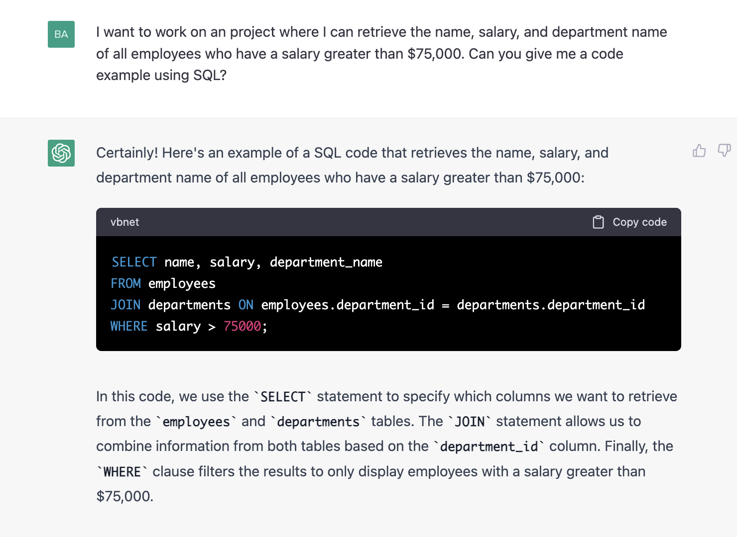 ChatGPT prompt about a code example using SQL