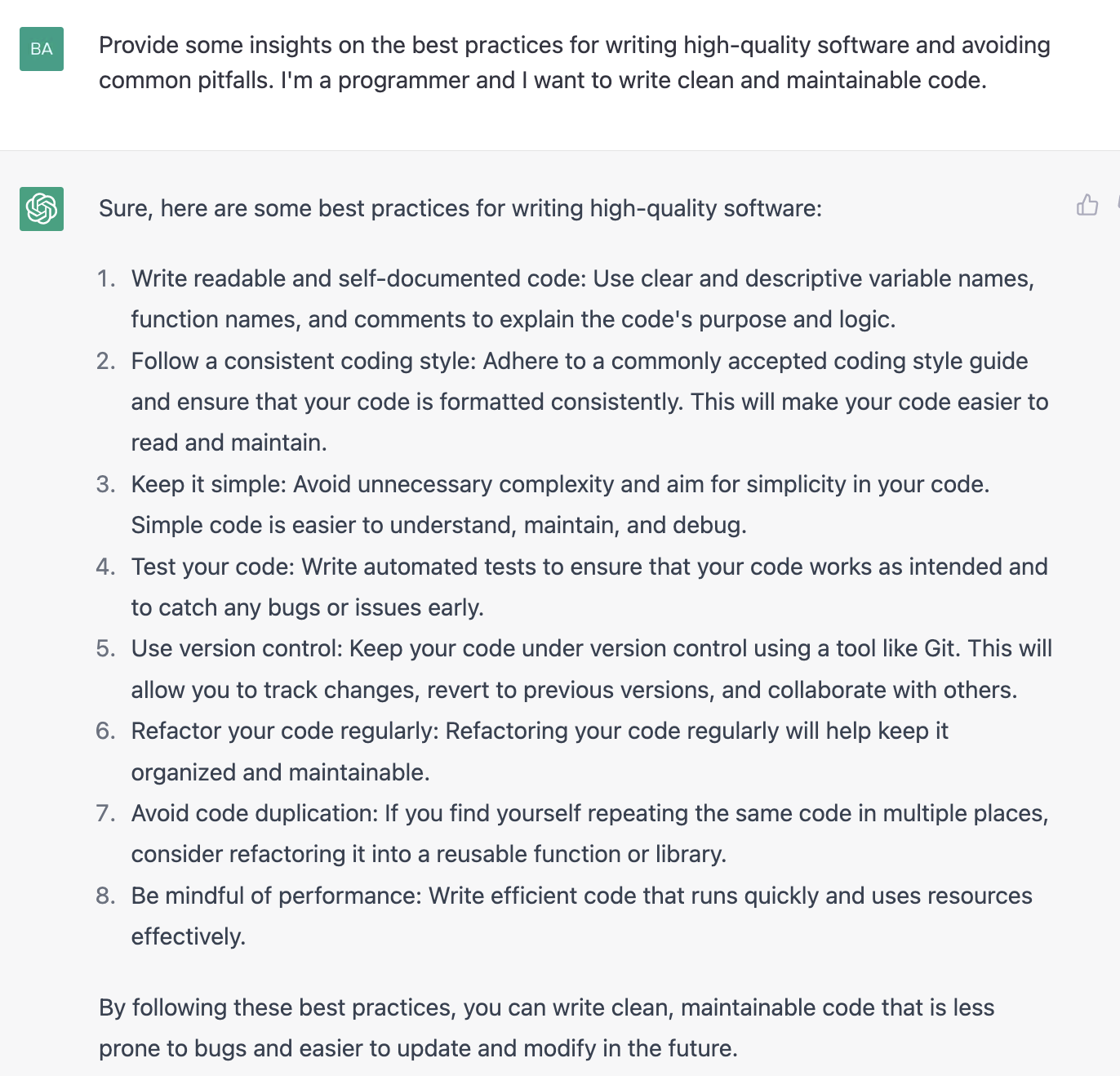 ChatGPT prompt about some insights on the best practices for writing high quality software and avoiding common pitfalls