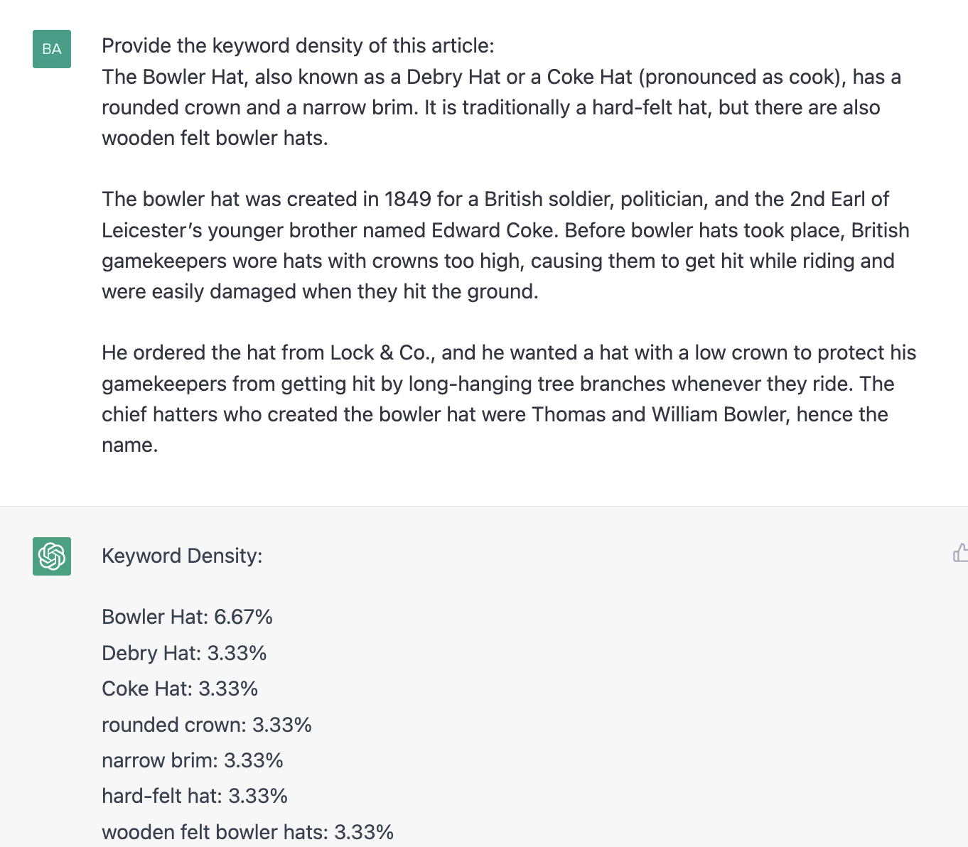 ChatGPT prompt about keyword density of the content