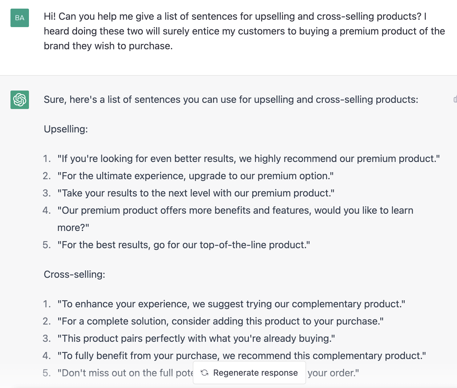 ChatGPT prompt about giving a list of sentence for upselling and cross-selling products