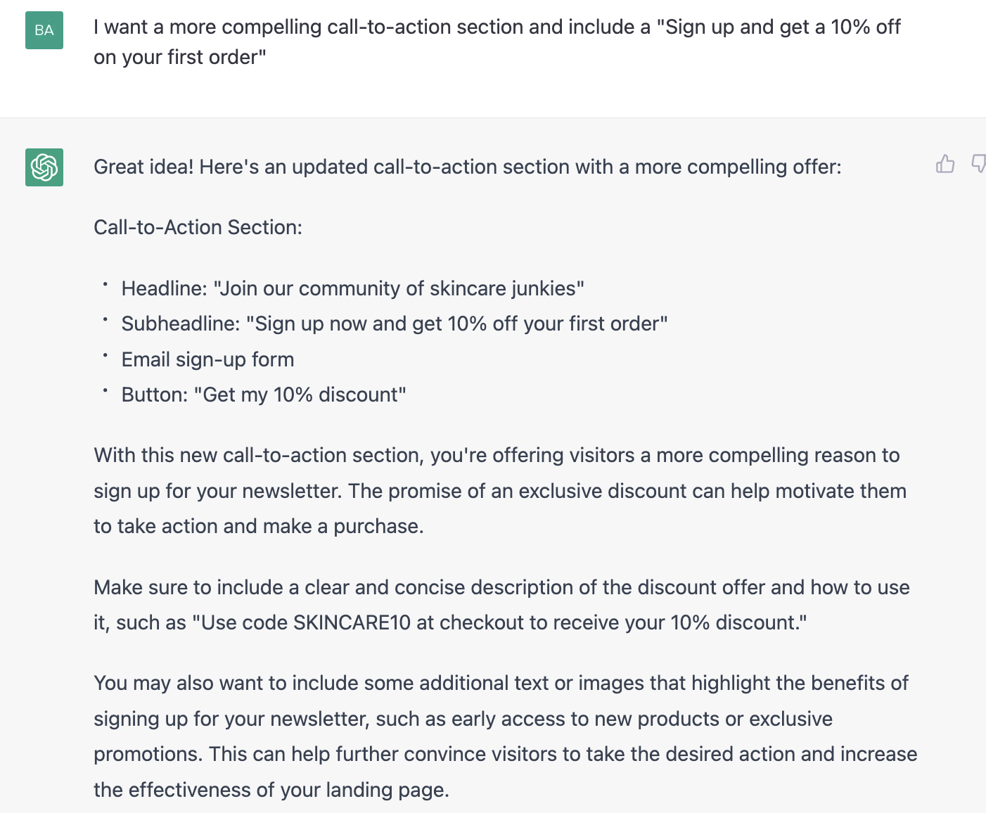 ChatGPT prompt about an updated call to action section with a more compelling offer