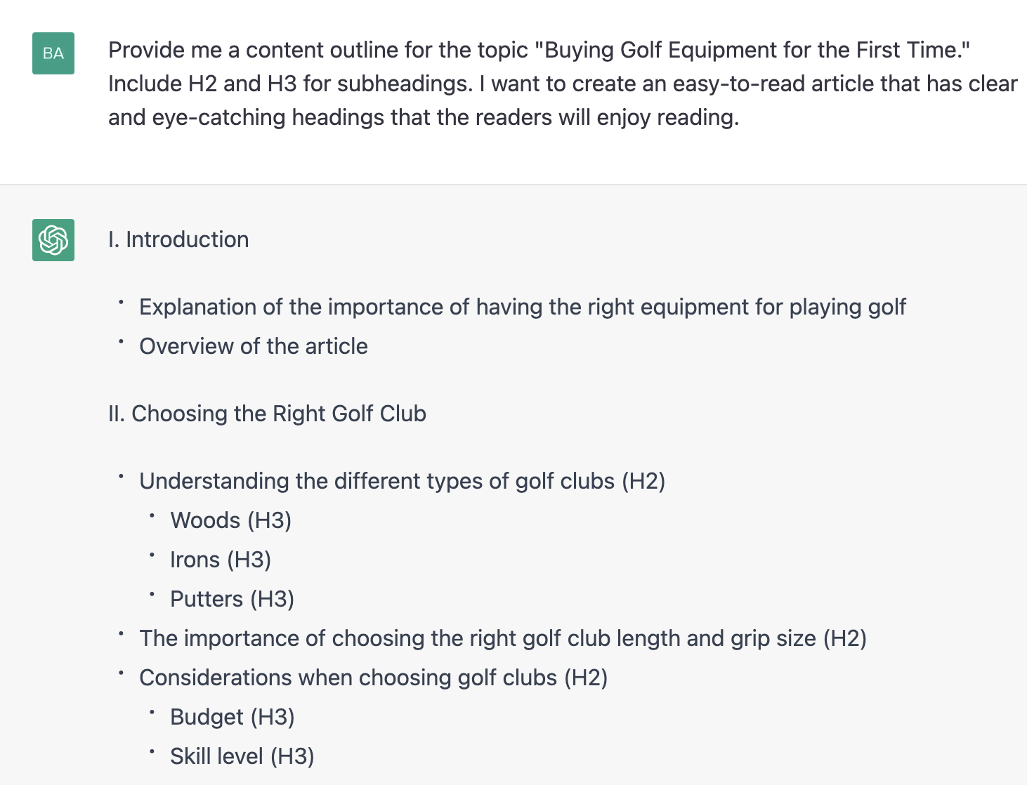 ChatGPT prompt about providing a content outline