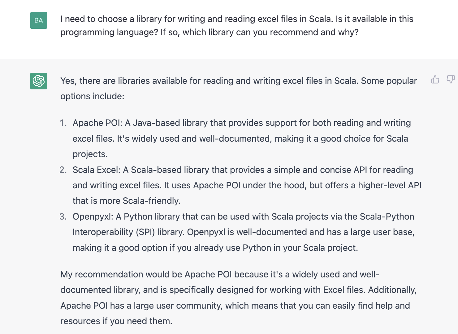 ChatGPT prompt about library for writing and reading excel files in Scala