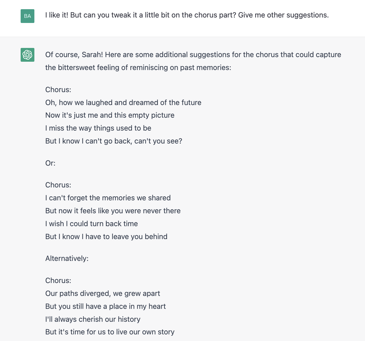 ChatGPT prompt about suggestions for the chorus