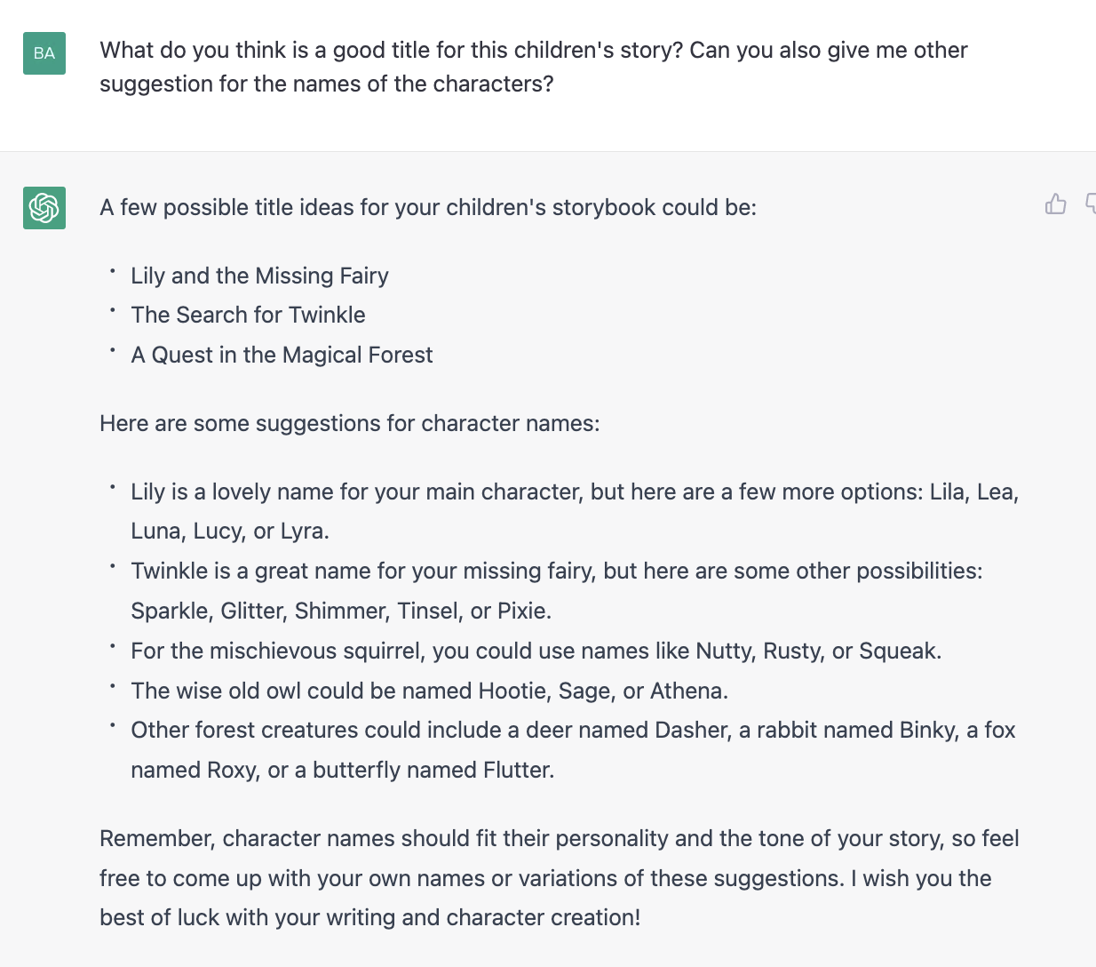 ChatGPT prompt about suggestions for the names of the characters in children's story