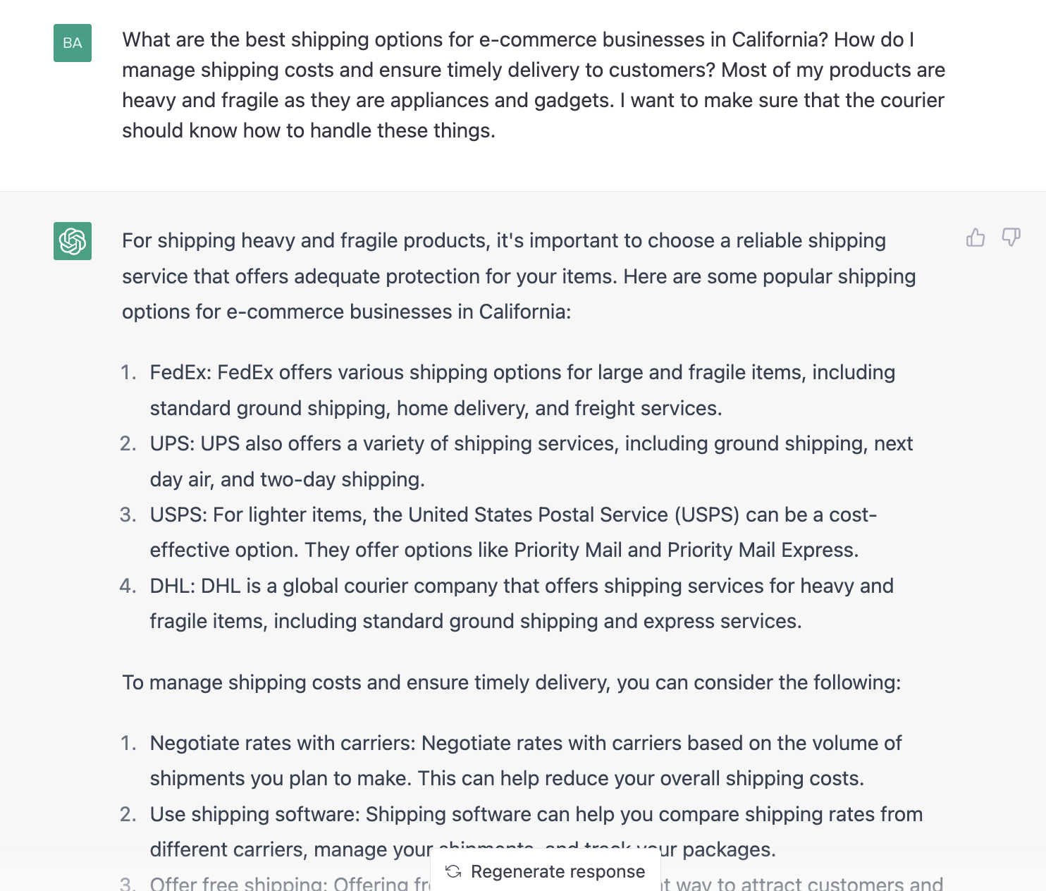 ChatGPT prompt about best shipping options for e-commerce business in California
