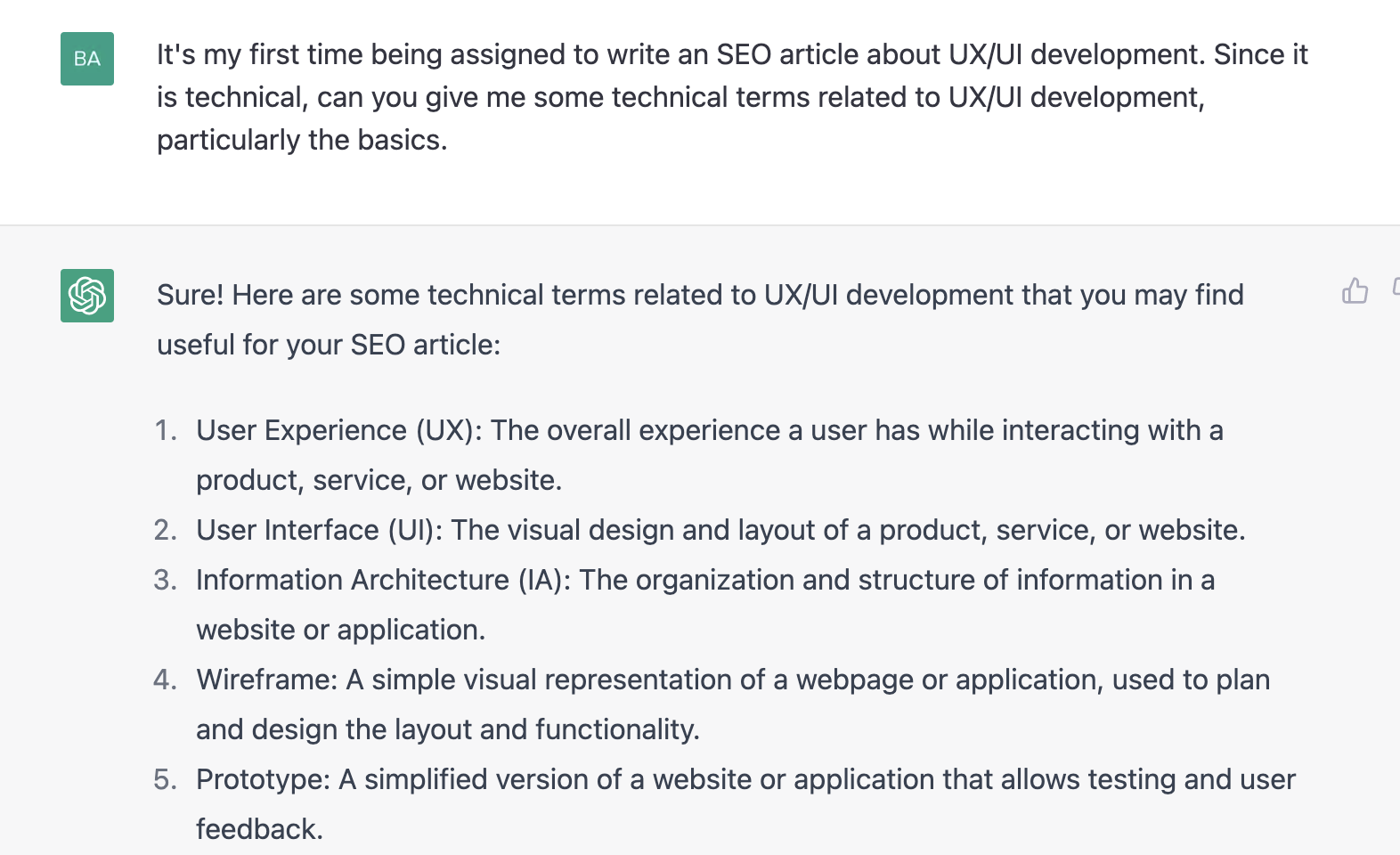 ChatGPT prompt about giving technical terms related to UX/UI development
