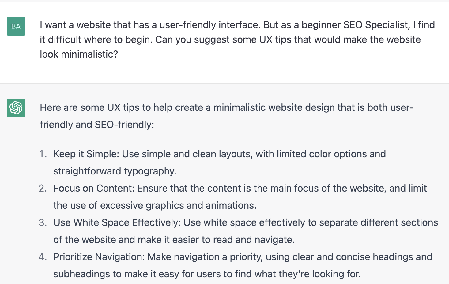 ChatGPT prompt about some UX tips that could make the website look minimalistic
