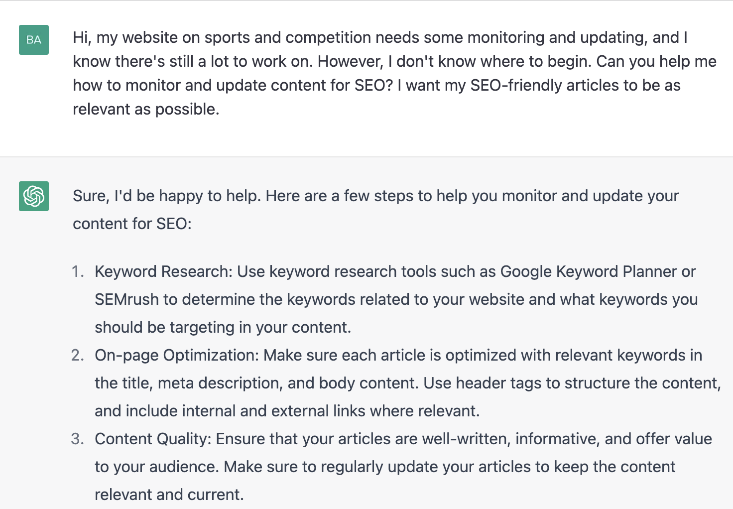 ChatGPT prompt about how to monitor and update content for SEO