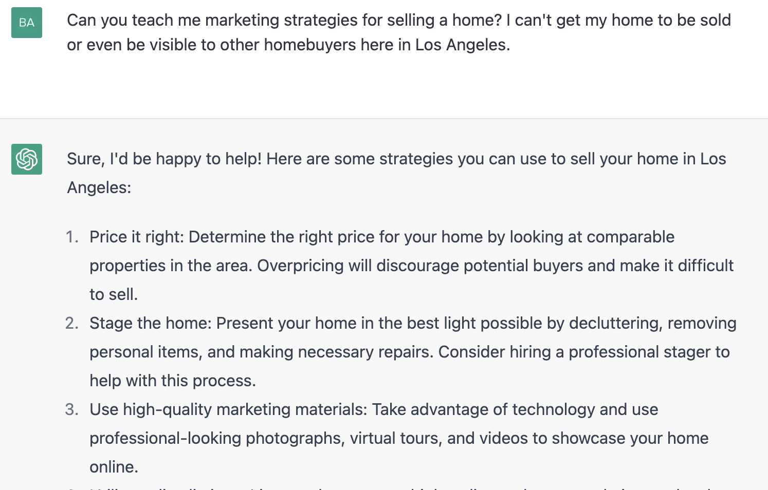 ChatGPT prompt about marketing strategies for selling a home