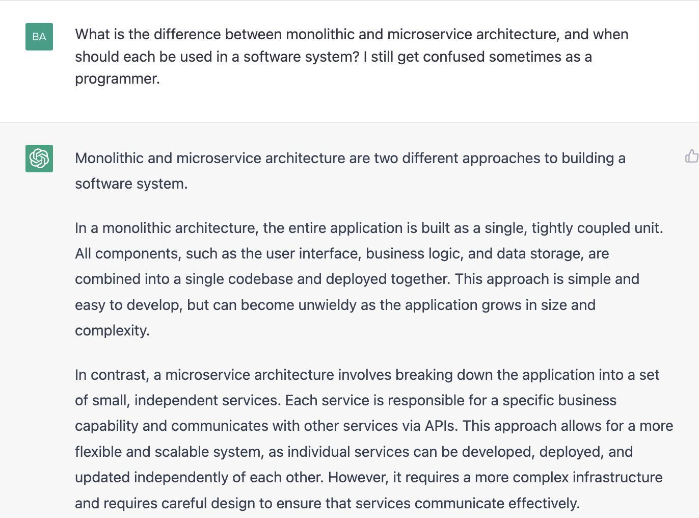 ChatGPT prompt about the difference between monolithic and microservice architecture and when should be used in a software system