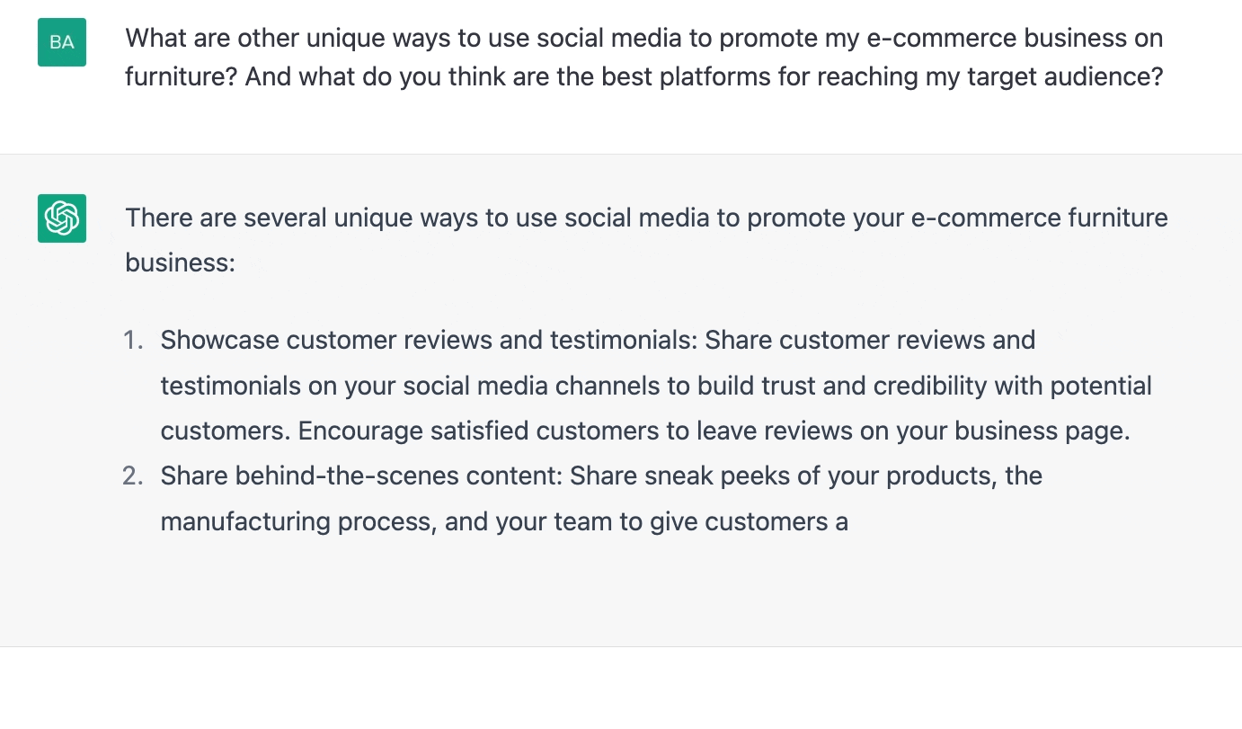 ChatGPT prompt about unique ways to use social media to promote e-commerce business on furniture