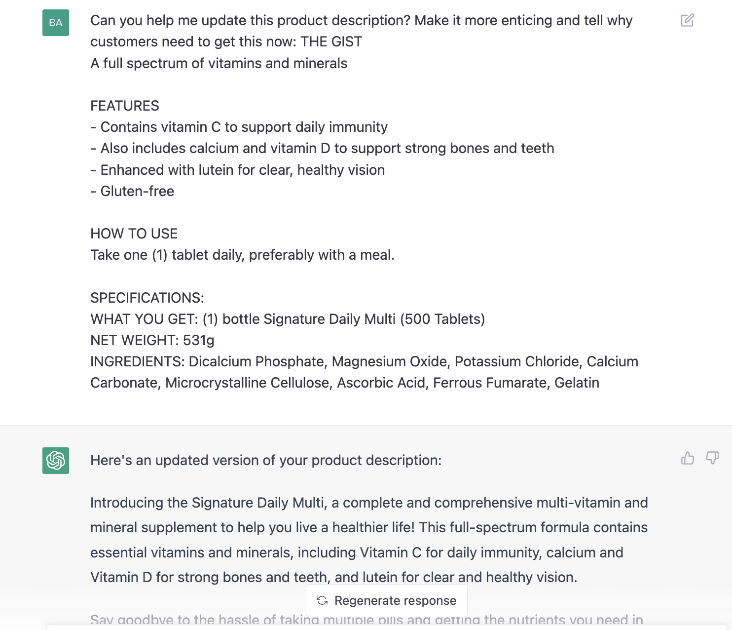 ChatGPT prompt about updating product description