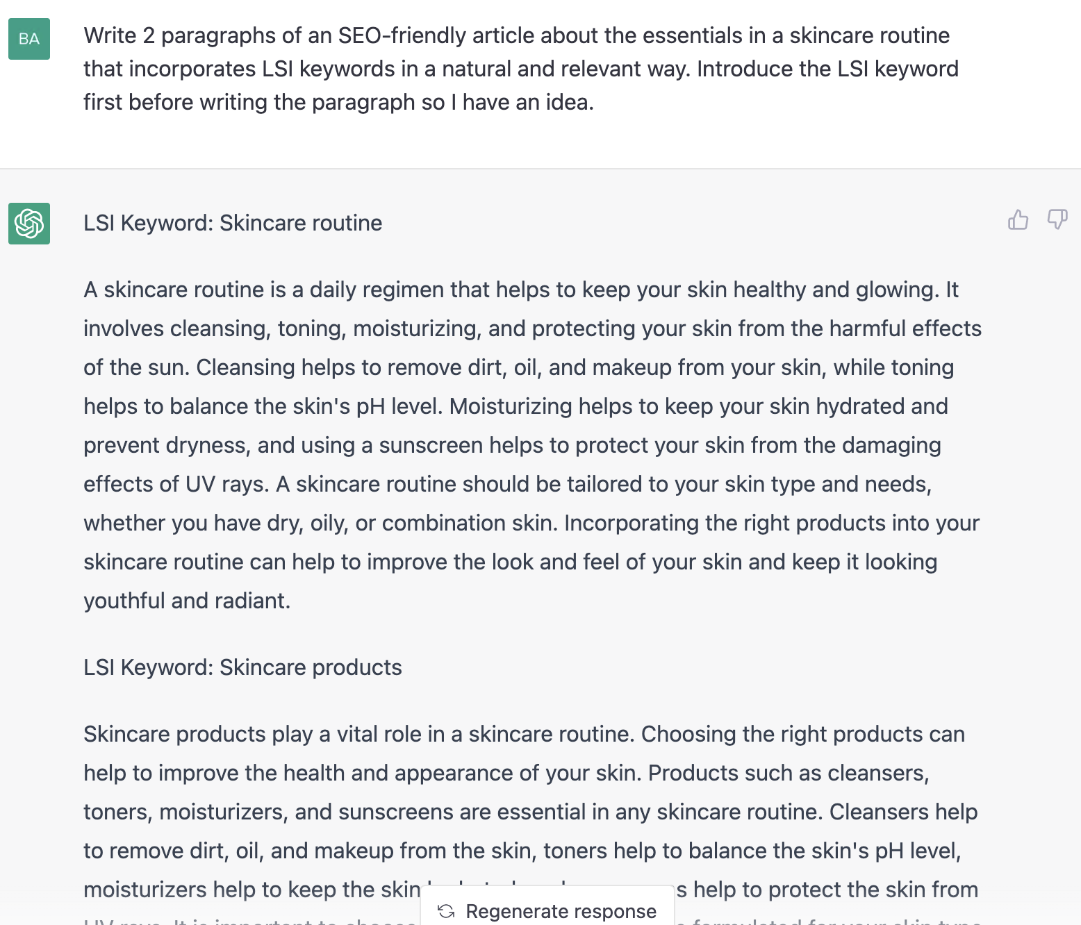 ChatGPT prompt about writing 2 paragraphs of an SEO friendly article about the essentials in a skincare routine