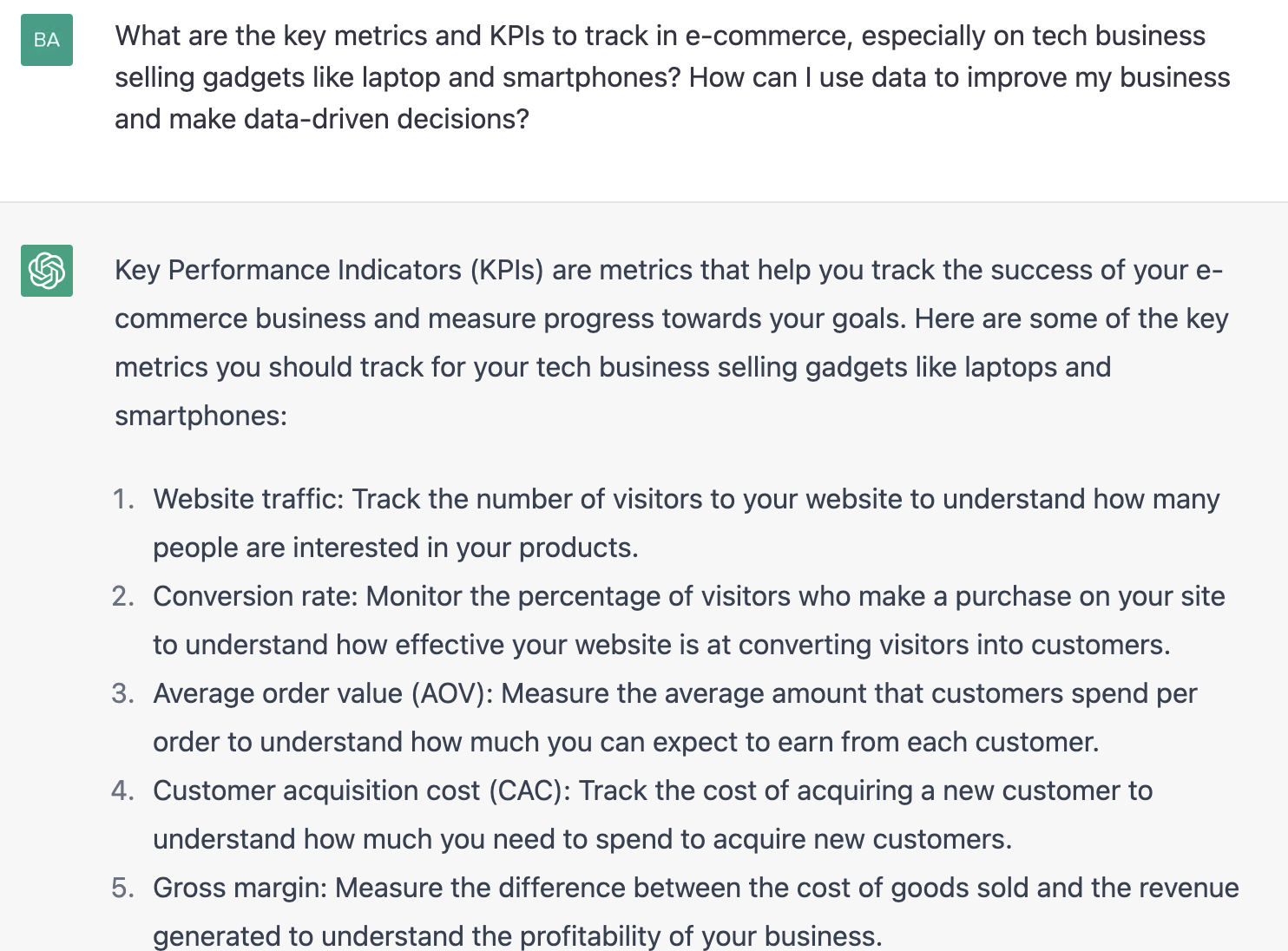 ChatGPT prompt about using data to improve business and make data driven decisions