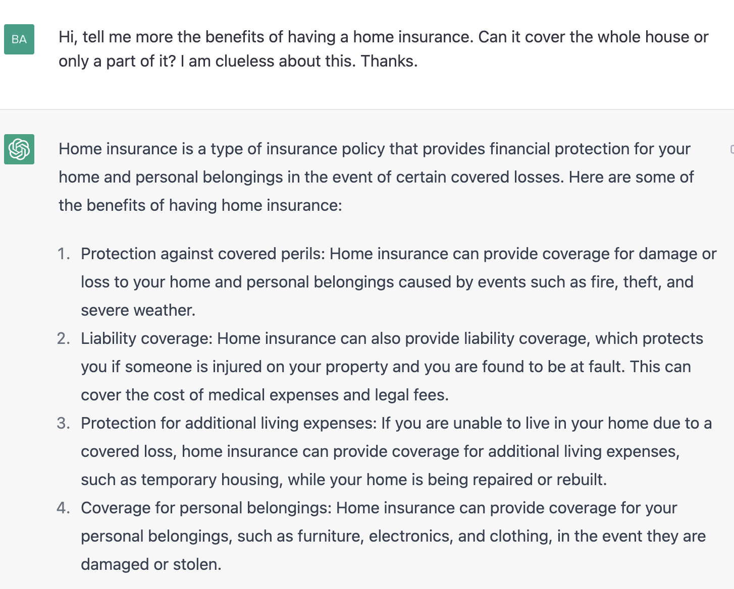 ChatGPT prompt about the benefits of having a home insurance