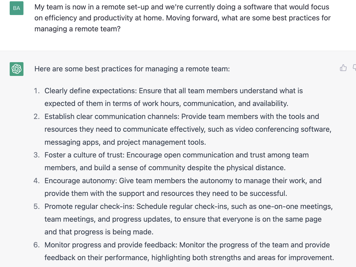 ChatGPT prompt about some best practices for managing a remote team