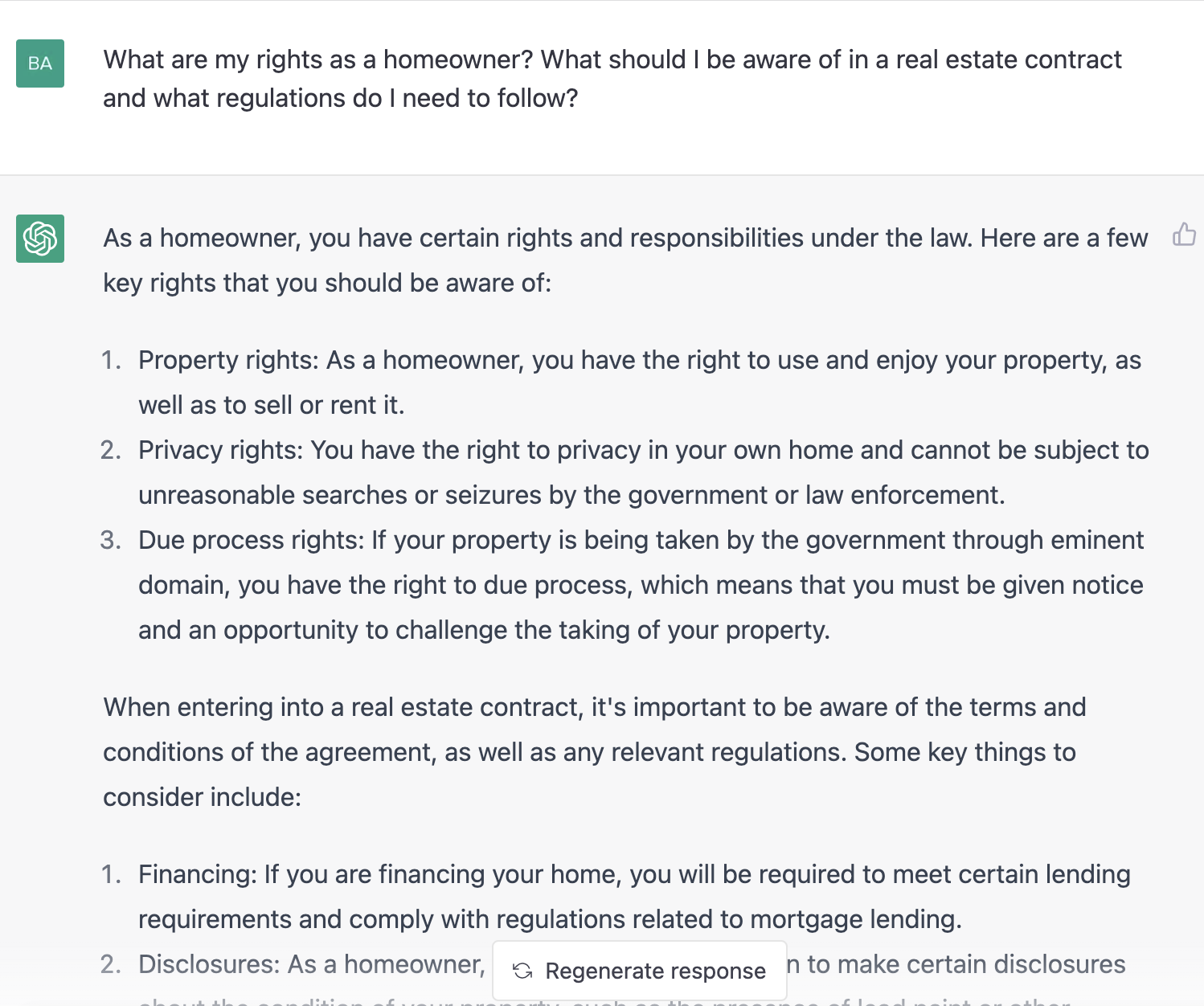 ChatGPT prompt about the rights as a homeowner