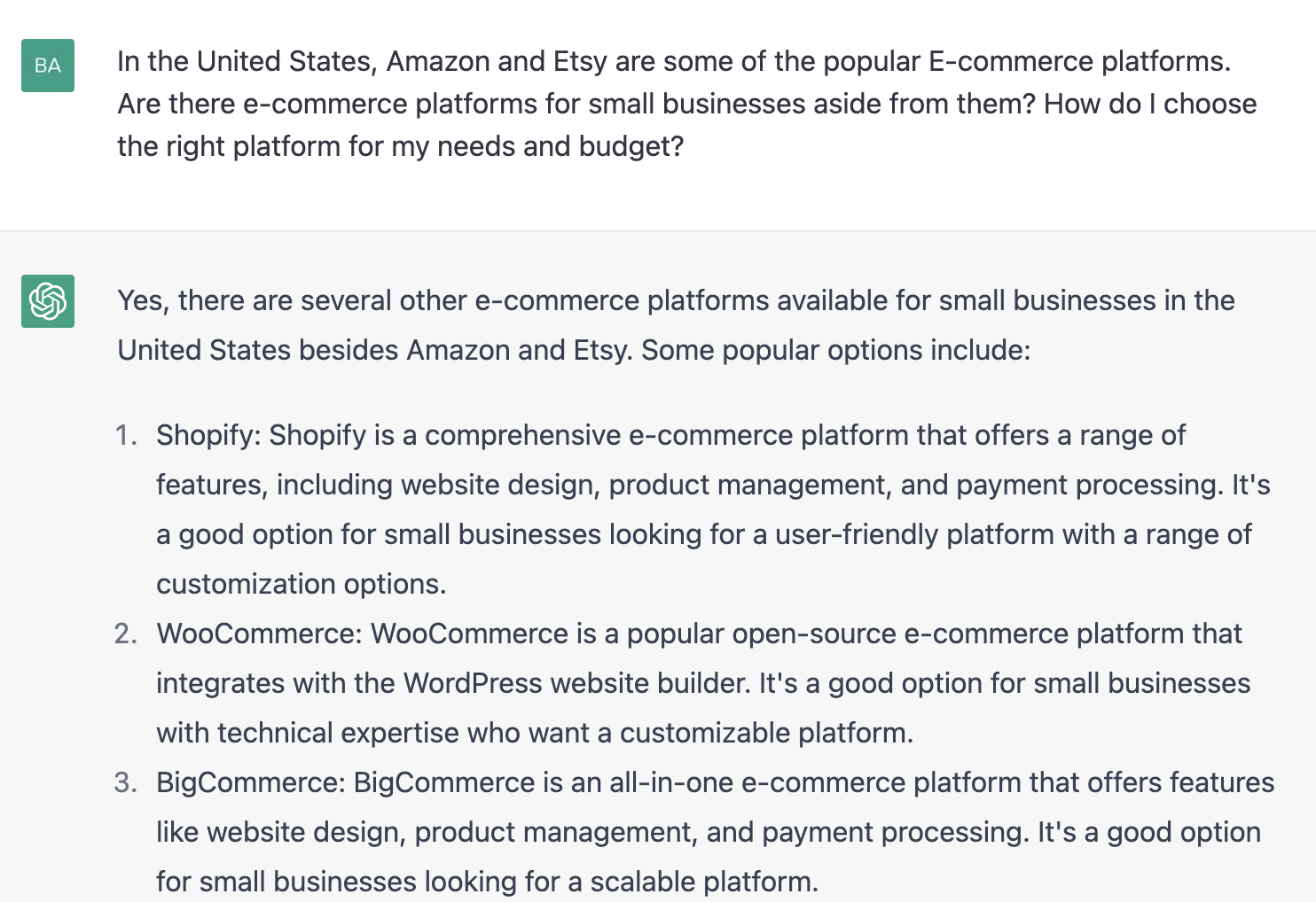 ChatGPT prompt about choosing platform for the needs and budget of a small business 