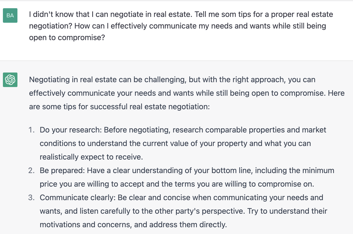 ChatGPT prompt about tips for a proper real estate negotiation