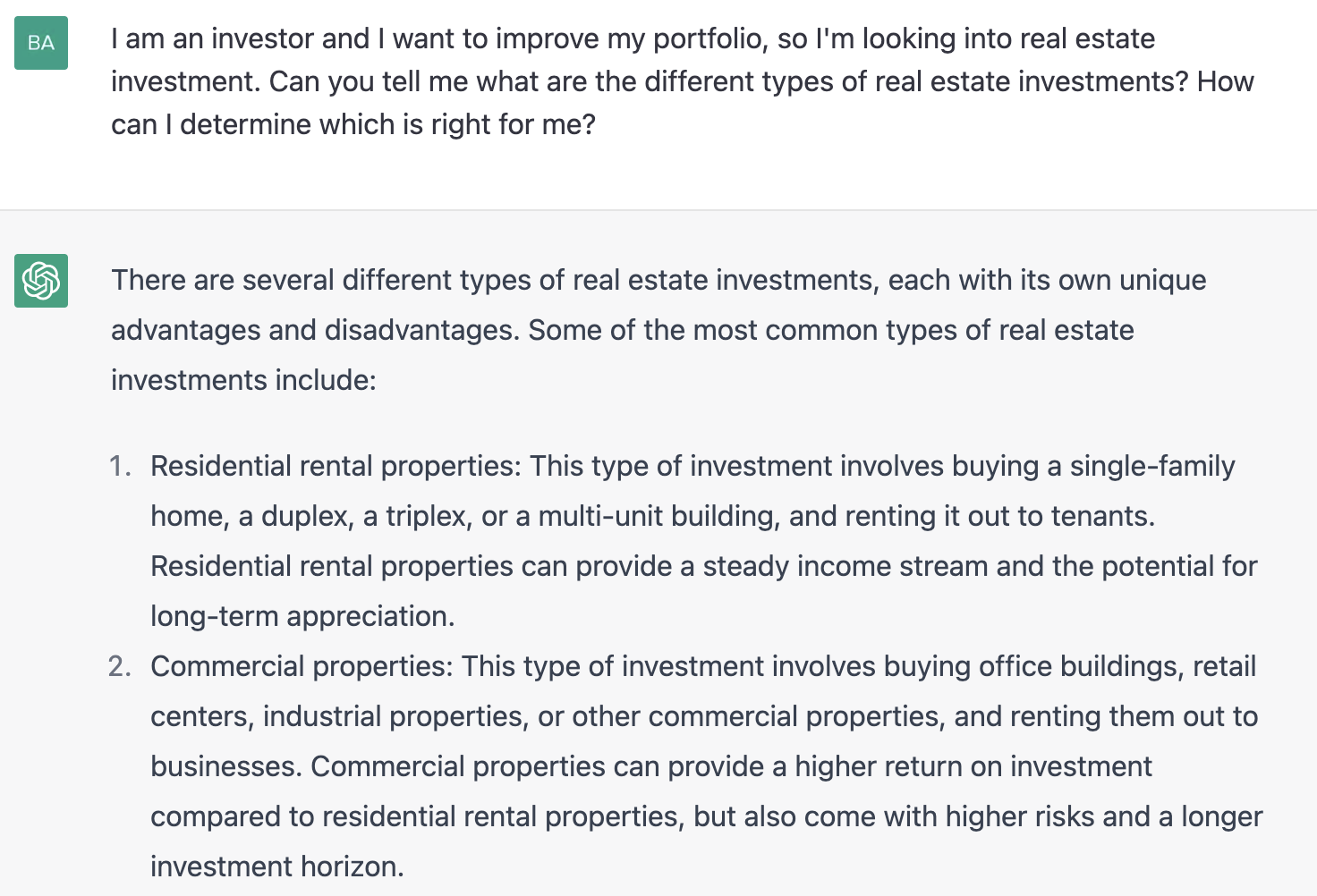 ChatGPT prompt about the different types of real estate investments