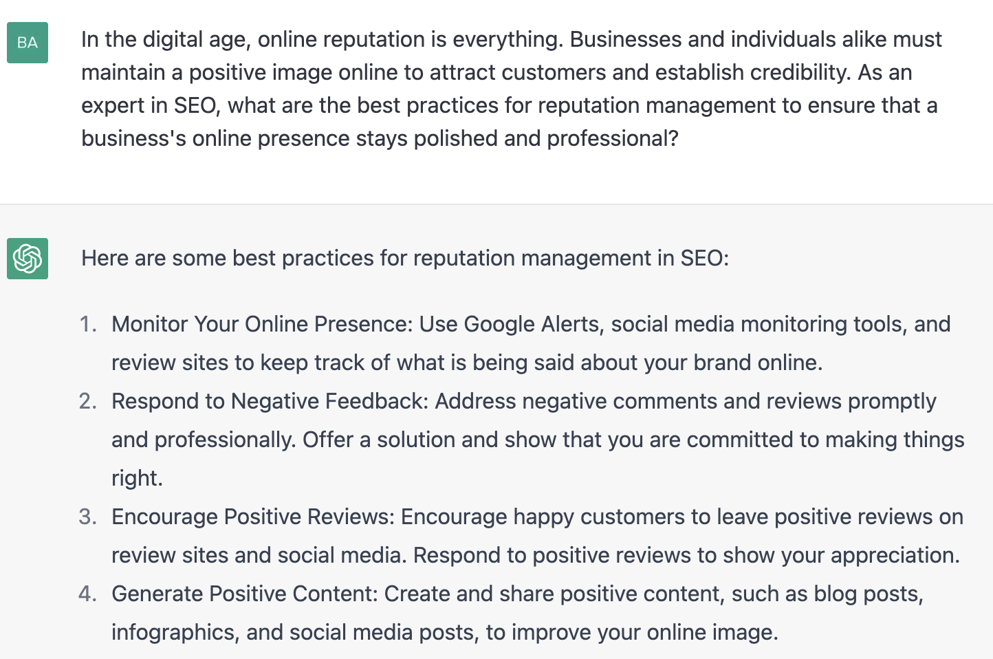 ChatGPT prompt about the best practices for reputation management in SEO