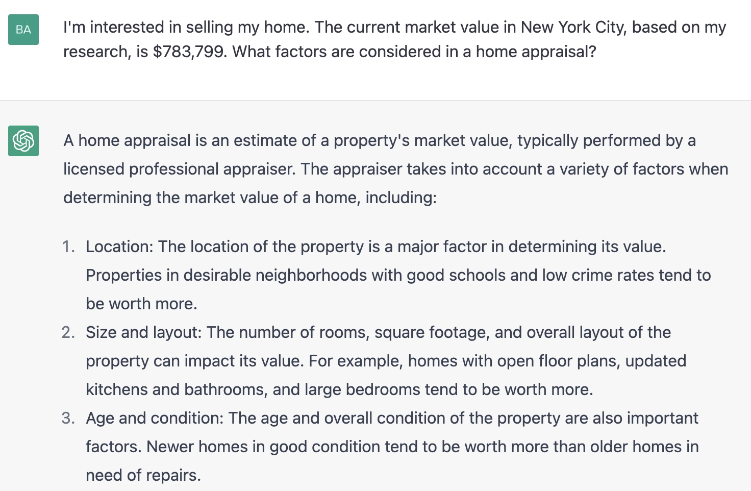 ChatGPT prompt about what factors are considered in a home appraisal