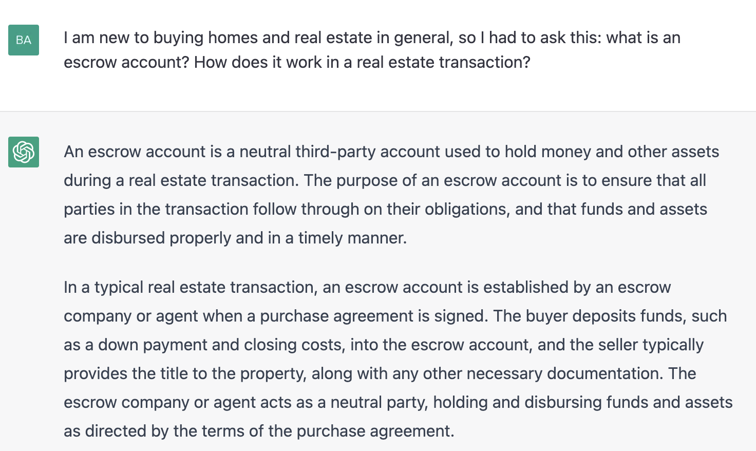 ChatGPT prompt about how escrow account work
