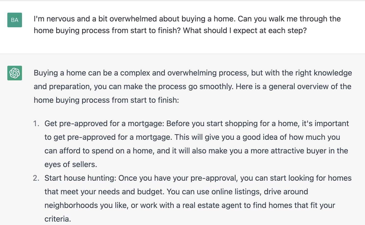 ChatGPT prompt about home buying process from start to finish