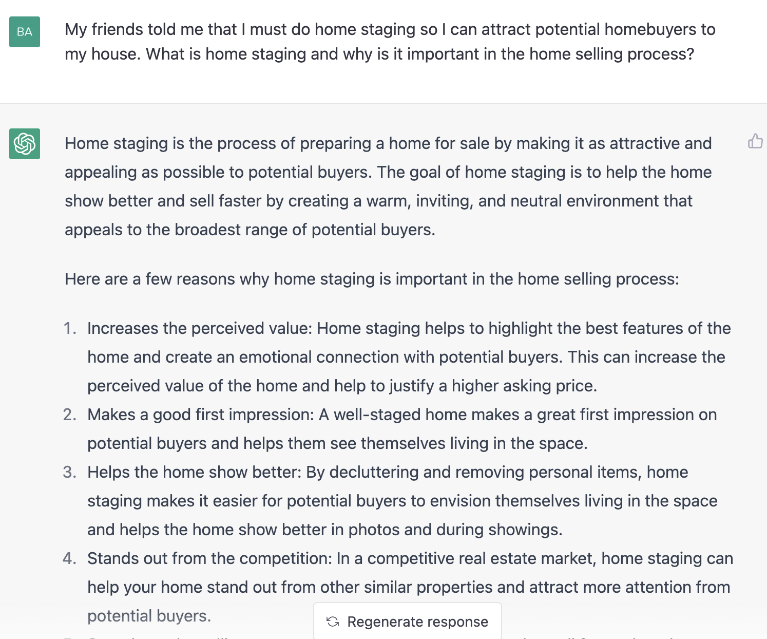 ChatGPT prompt about home staging and why is it important in the home seliing process