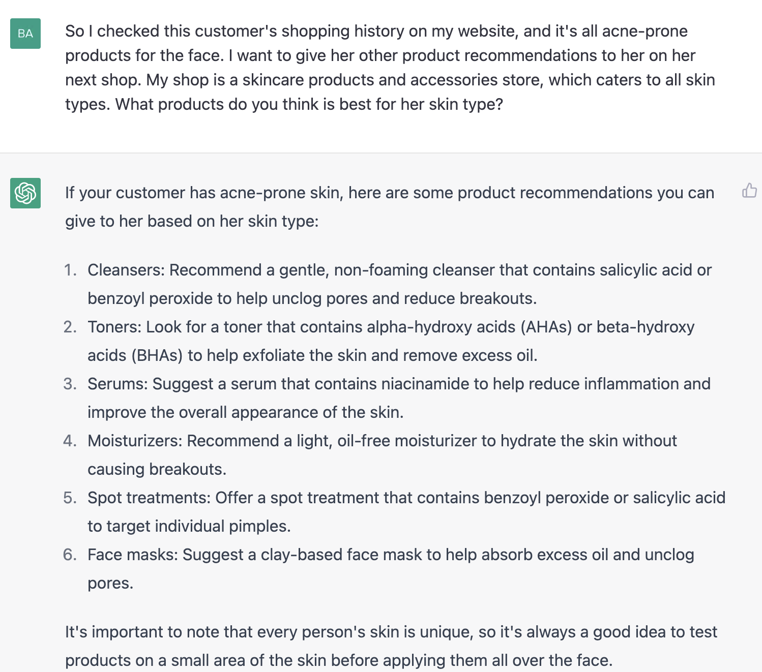 ChatGPT prompt about product recommendations